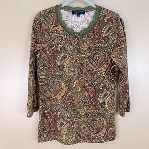 Jones New York Olive Green Lace Trim 3/4 Sleeve Paisley Top Shirt Medium